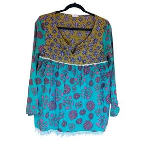 Natural Life Boho Multicolor Floral Tunic Dress  Embroidered Peasant Cotton S/M